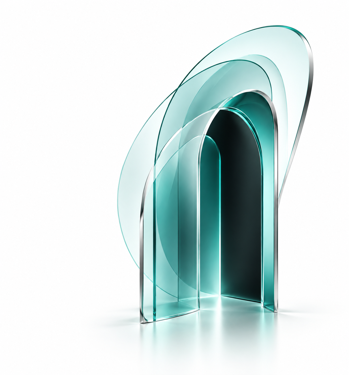 Teal particles and silver orbit lines flowing into a digital field
